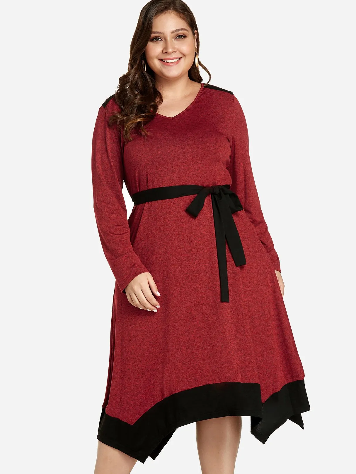 OEM ODM V-Neck Plain Self-Tie Long Sleeve Handkerchief Hem Red Plus Size Dress