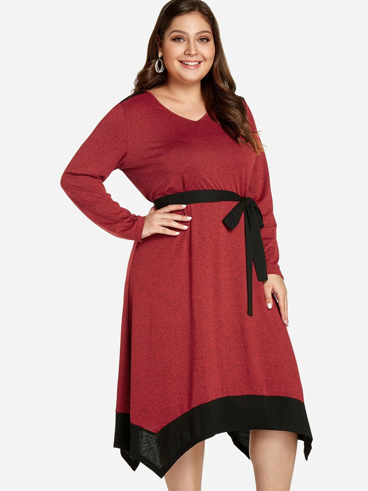 OEM ODM V-Neck Plain Self-Tie Long Sleeve Handkerchief Hem Red Plus Size Dress