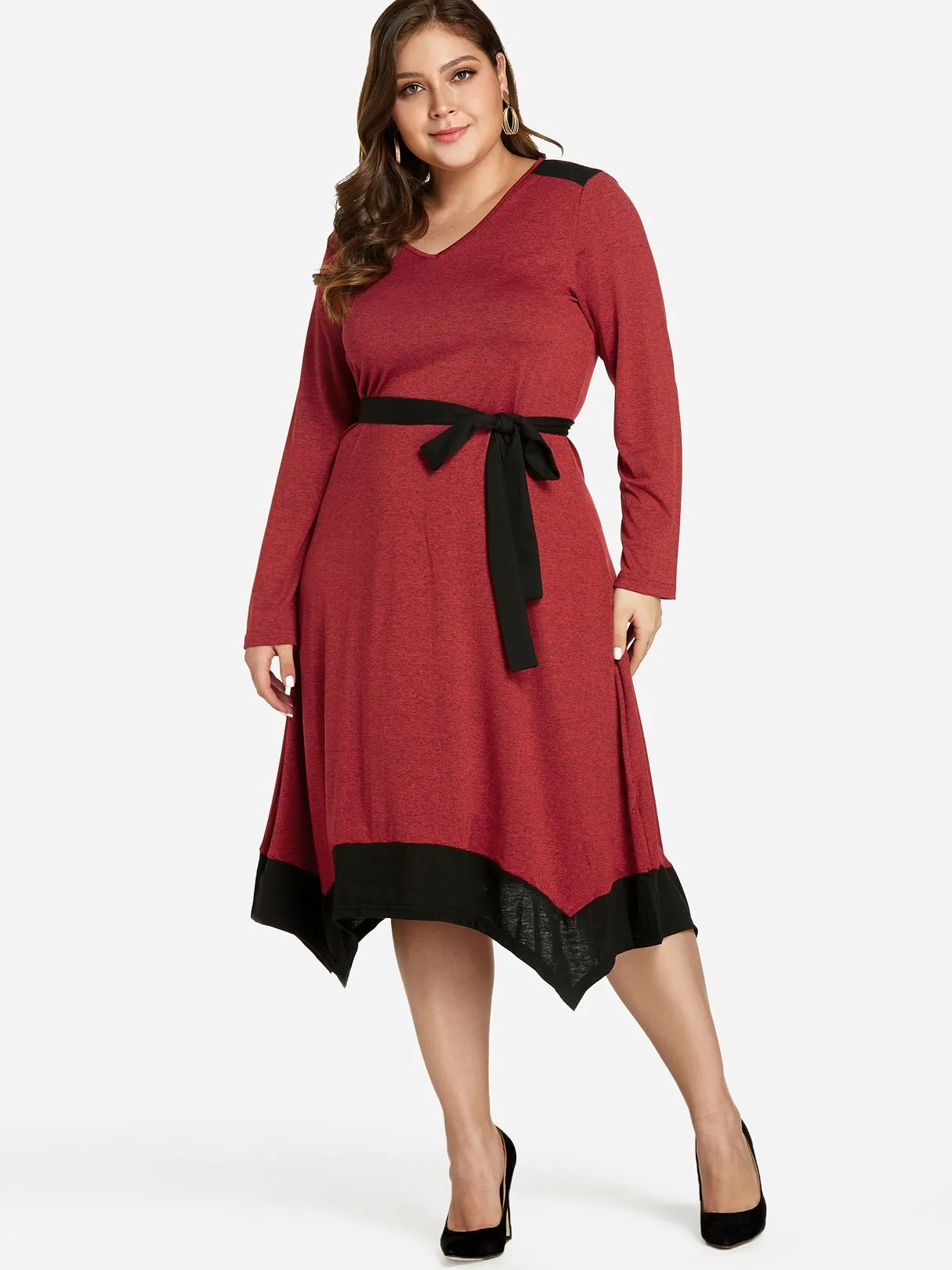 OEM ODM V-Neck Plain Self-Tie Long Sleeve Handkerchief Hem Red Plus Size Dress