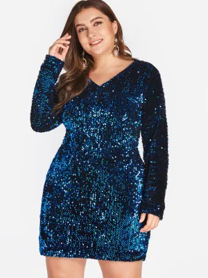 OEM ODM V-Neck Plain Sequins Embellished Long Sleeve Plus Size Dress