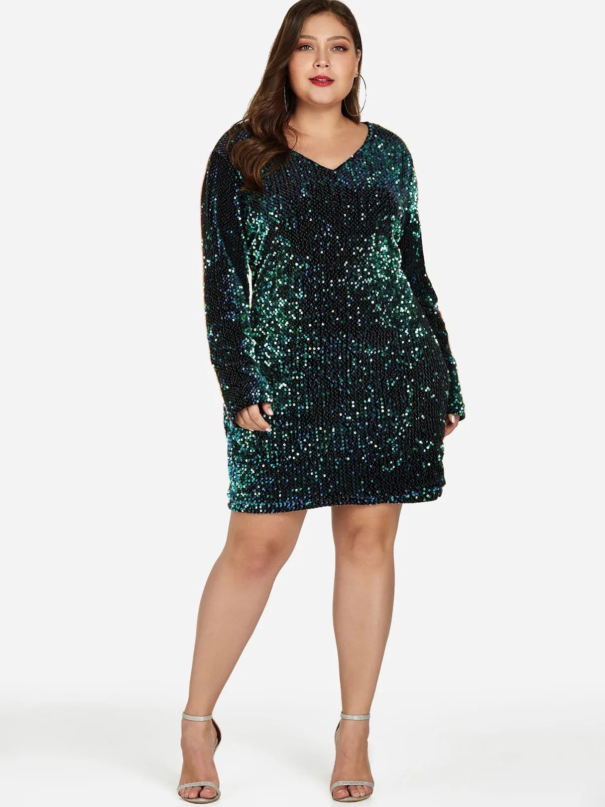 OEM ODM V-Neck Plain Sequins Embellished Long Sleeve Plus Size Dress