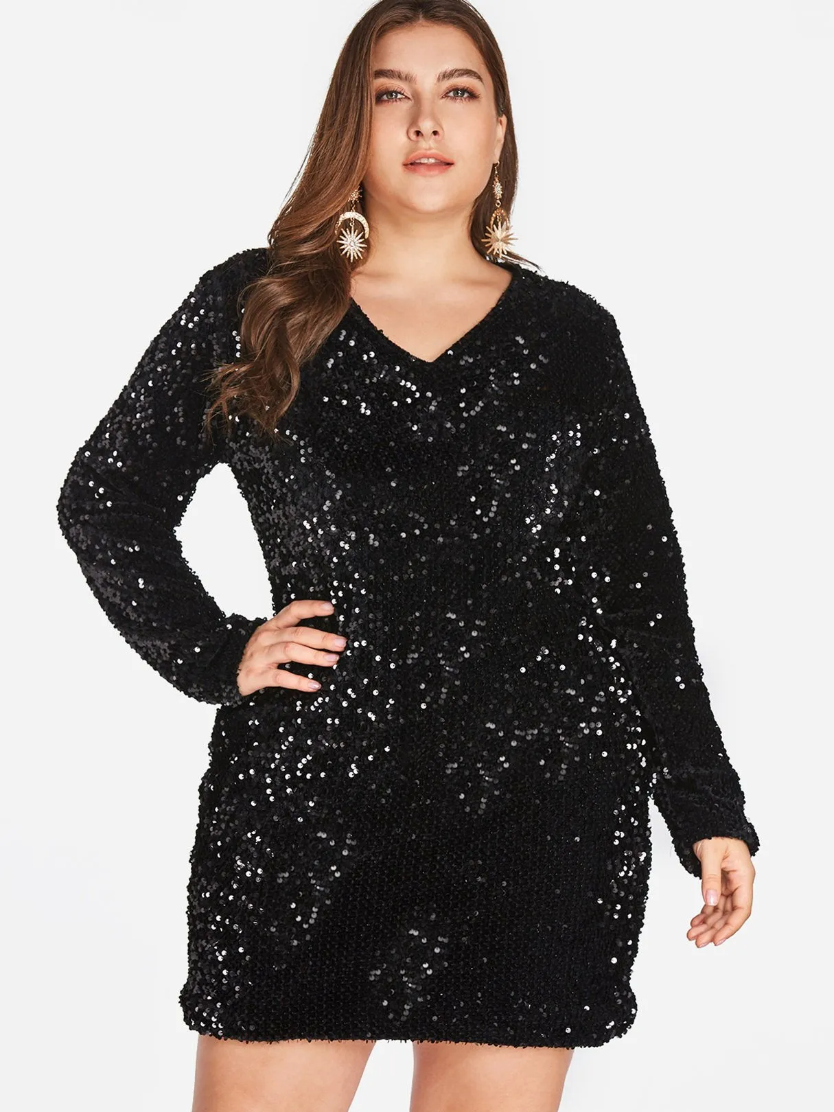 OEM ODM V-Neck Plain Sequins Embellished Long Sleeve Plus Size Dress