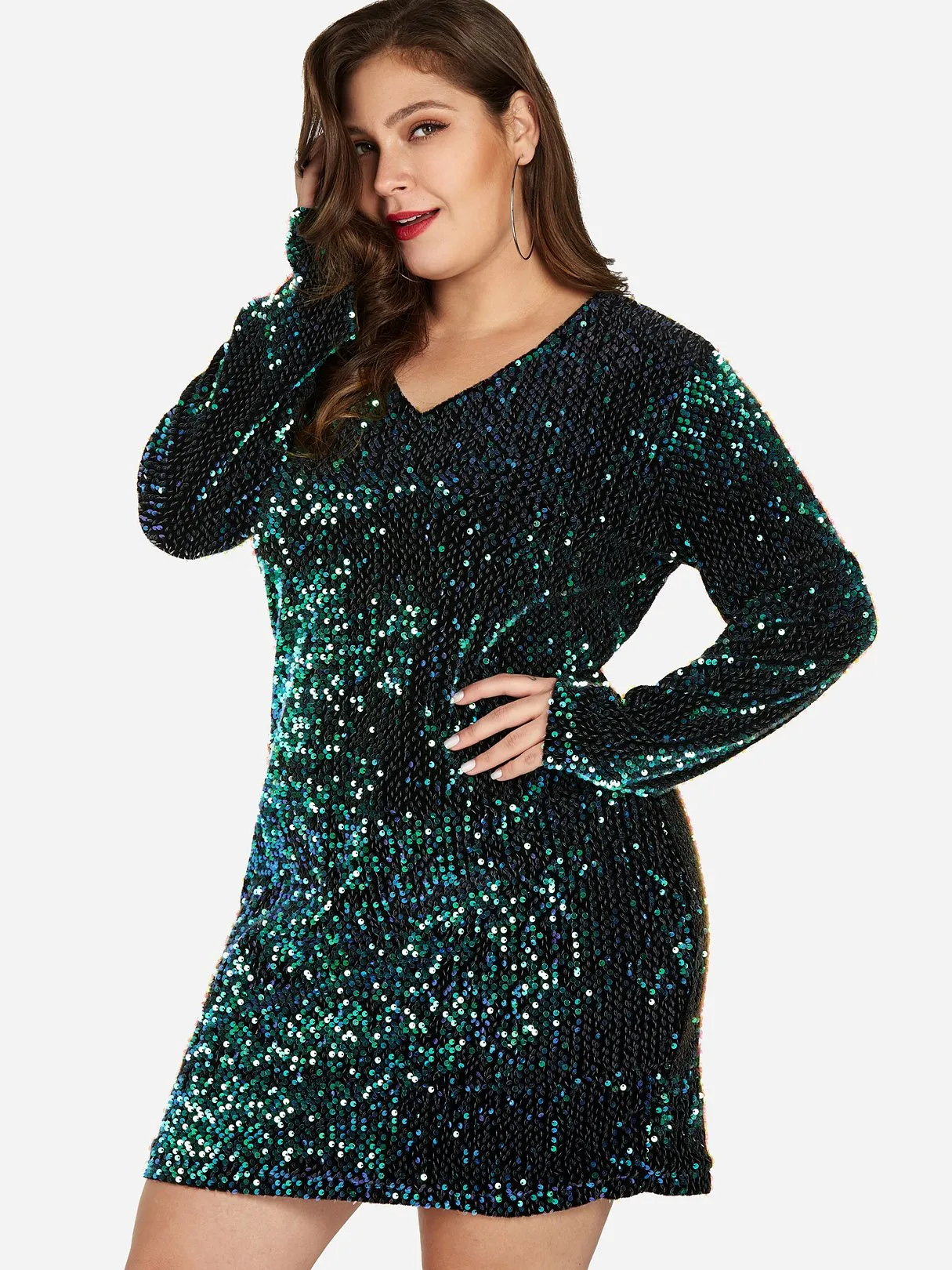 OEM ODM V-Neck Plain Sequins Embellished Long Sleeve Plus Size Dress