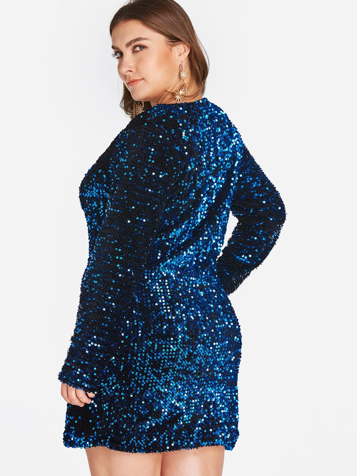 OEM ODM V-Neck Plain Sequins Embellished Long Sleeve Plus Size Dress