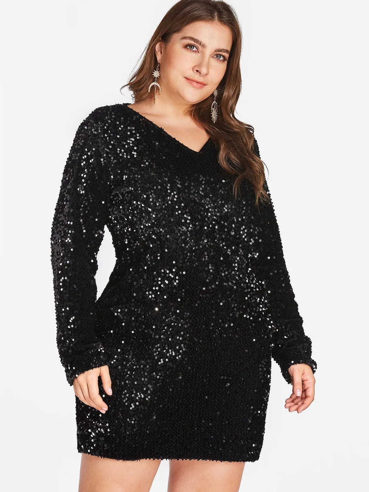 OEM ODM V-Neck Plain Sequins Embellished Long Sleeve Plus Size Dress