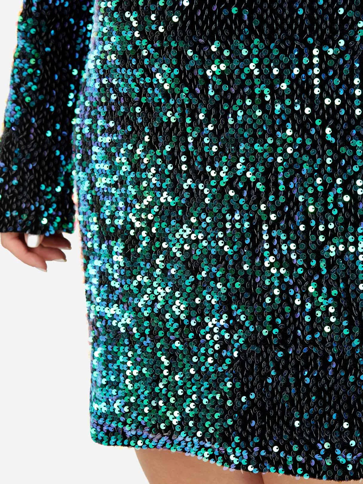 OEM ODM V-Neck Plain Sequins Embellished Long Sleeve Plus Size Dress