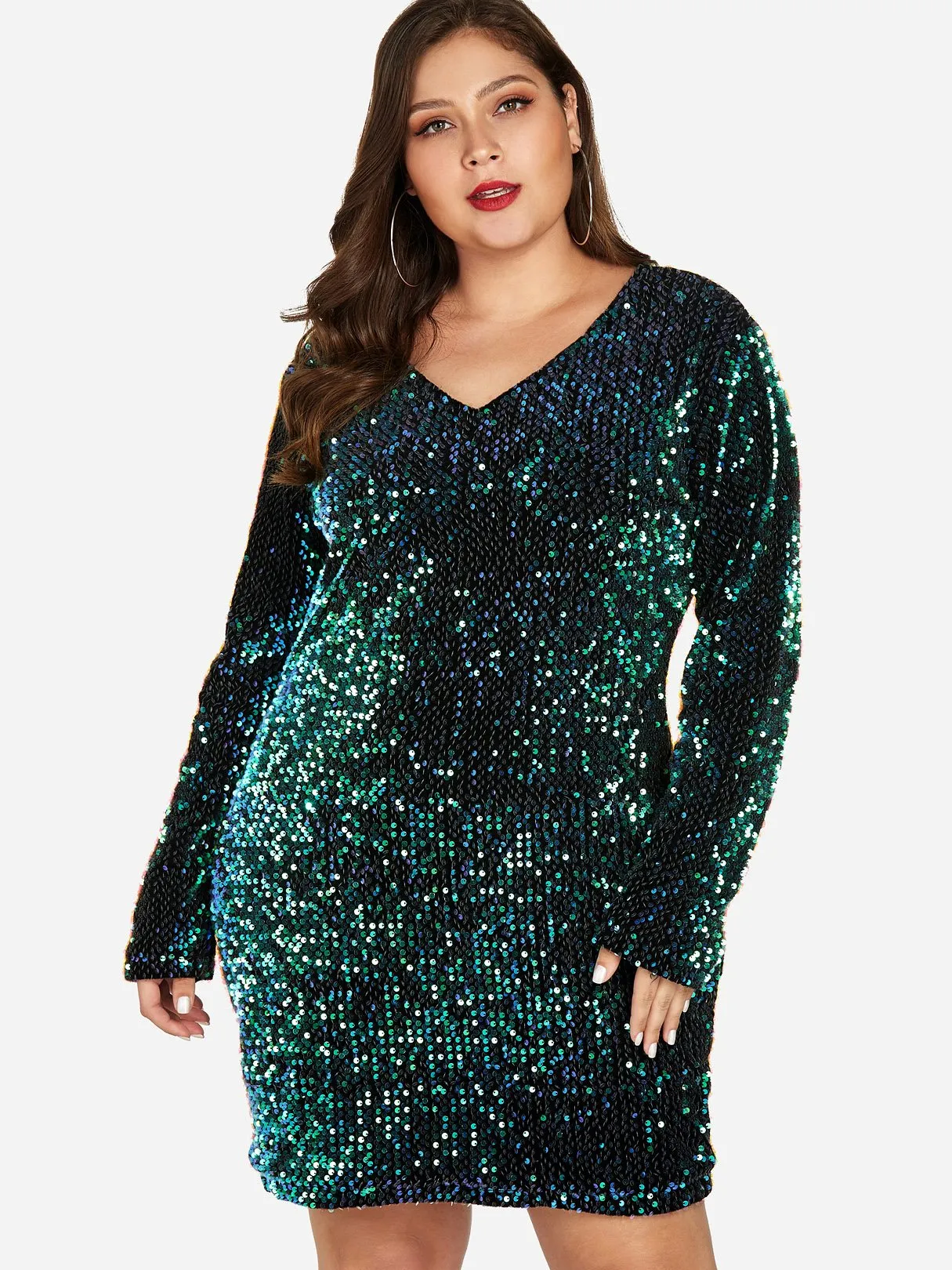 OEM ODM V-Neck Plain Sequins Embellished Long Sleeve Plus Size Dress