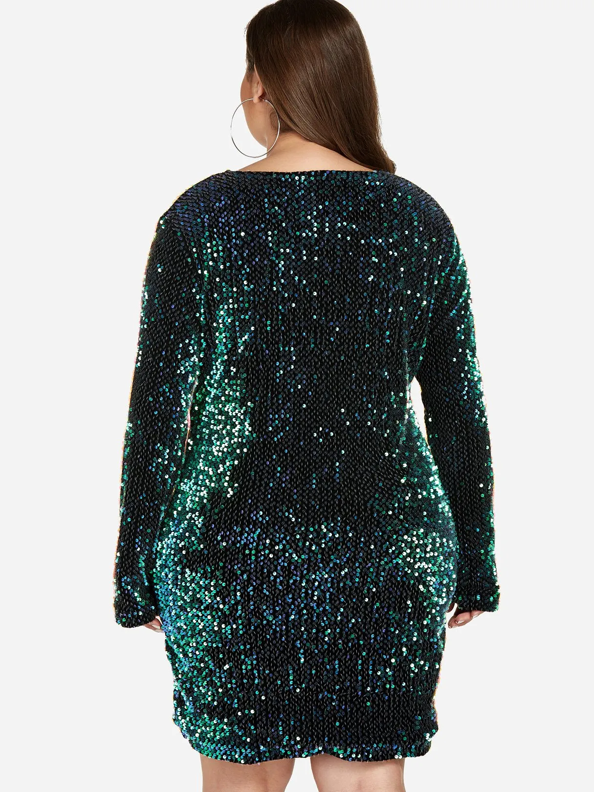 OEM ODM V-Neck Plain Sequins Embellished Long Sleeve Plus Size Dress