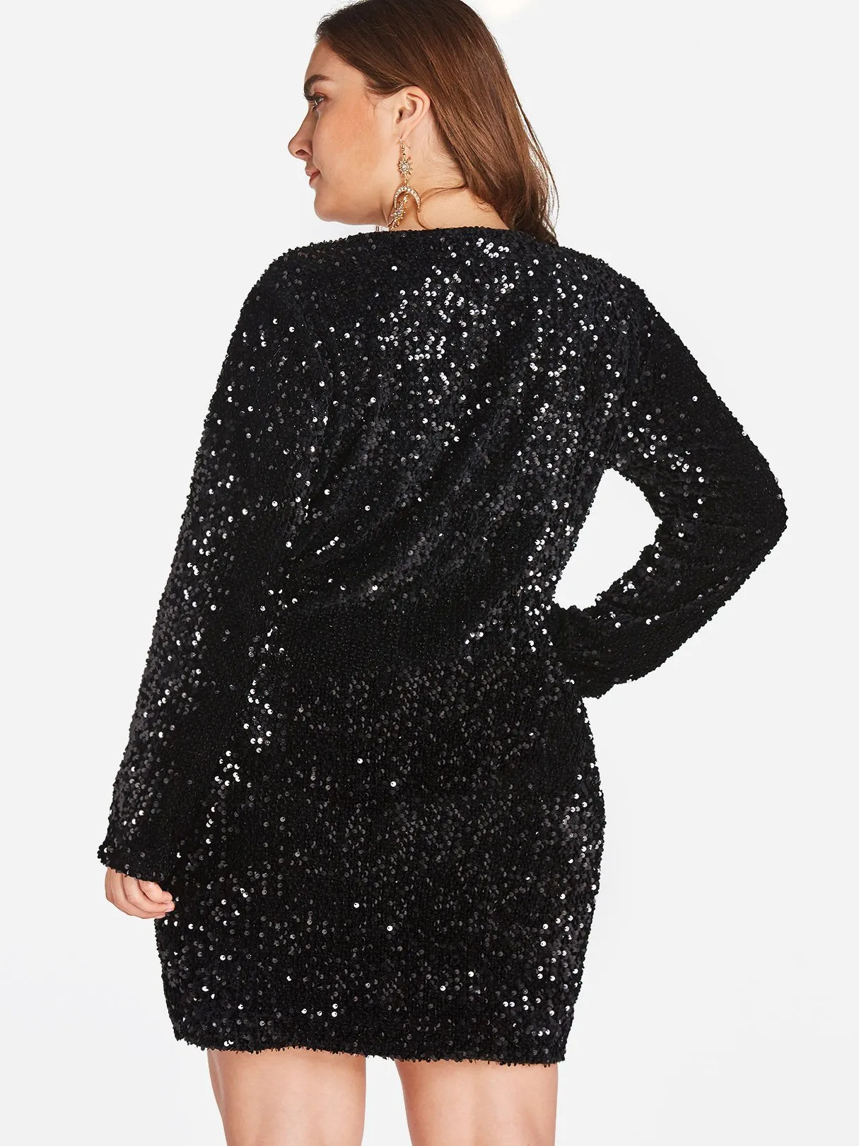 OEM ODM V-Neck Plain Sequins Embellished Long Sleeve Plus Size Dress