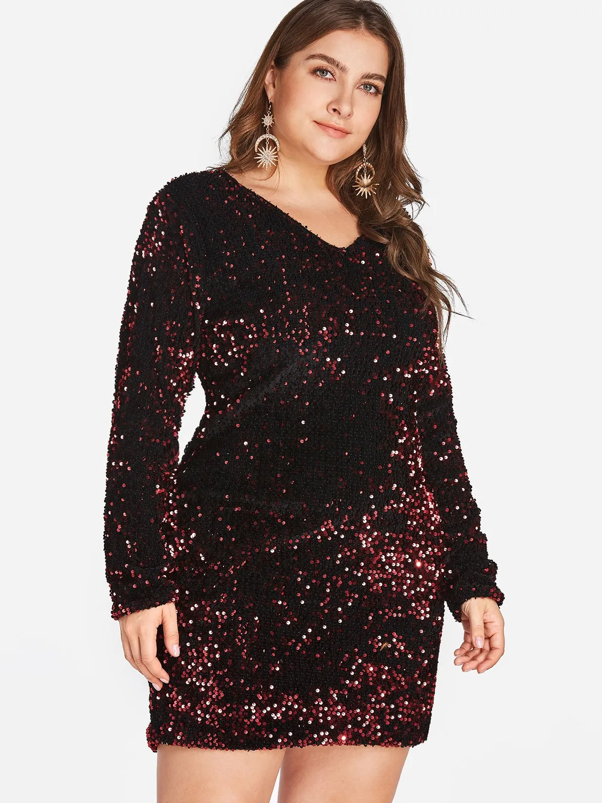 OEM ODM V-Neck Plain Sequins Embellished Long Sleeve Plus Size Dress