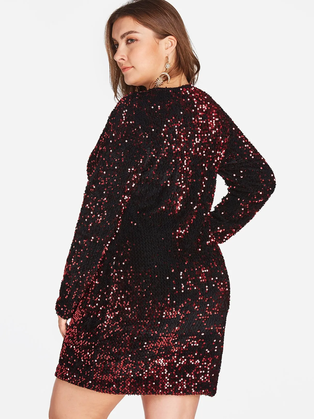 OEM ODM V-Neck Plain Sequins Embellished Long Sleeve Plus Size Dress