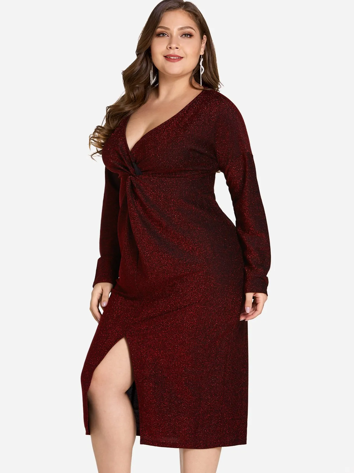 OEM ODM V-Neck Plain Twist Long Sleeve Slit Hem Red Plus Size Dress