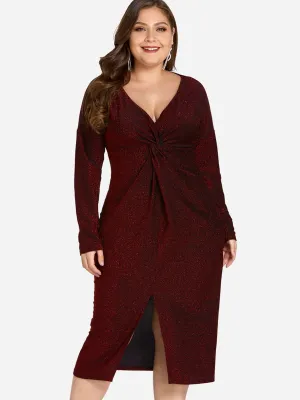 OEM ODM V-Neck Plain Twist Long Sleeve Slit Hem Red Plus Size Dress