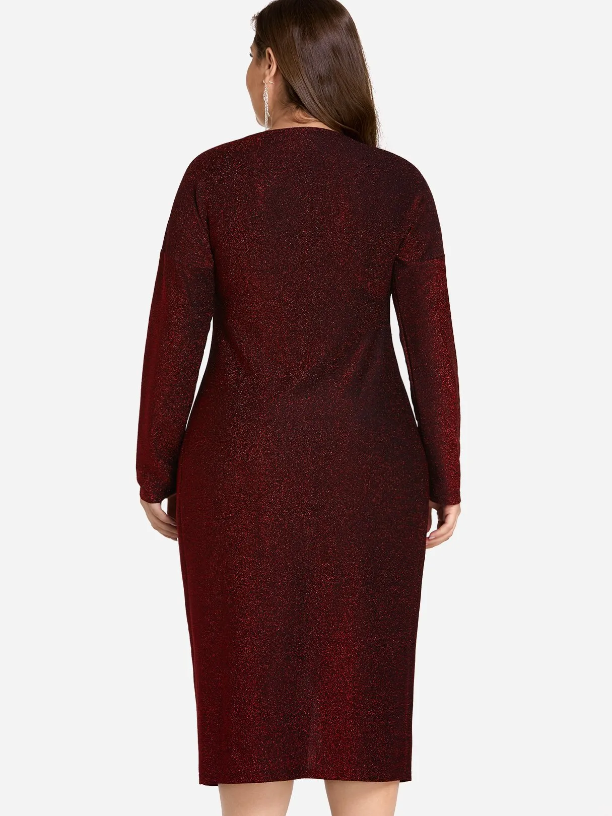 OEM ODM V-Neck Plain Twist Long Sleeve Slit Hem Red Plus Size Dress