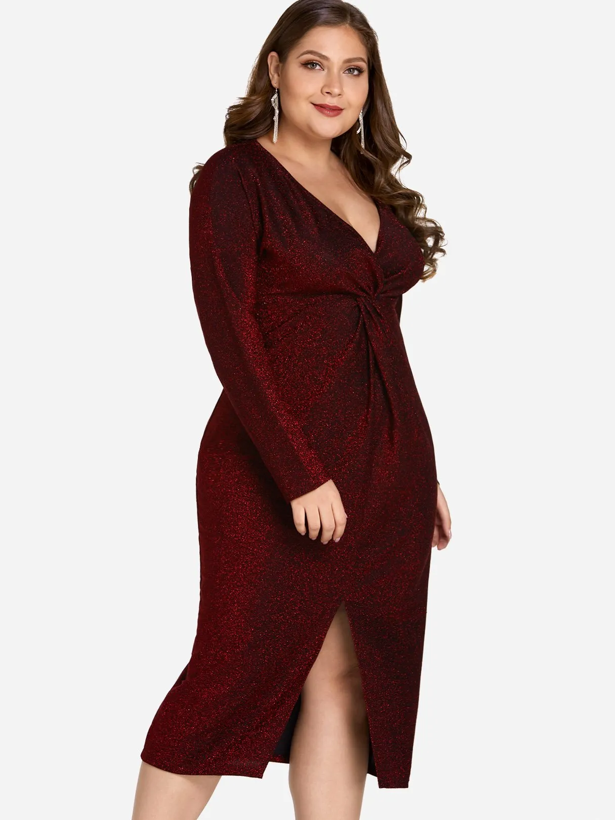 OEM ODM V-Neck Plain Twist Long Sleeve Slit Hem Red Plus Size Dress