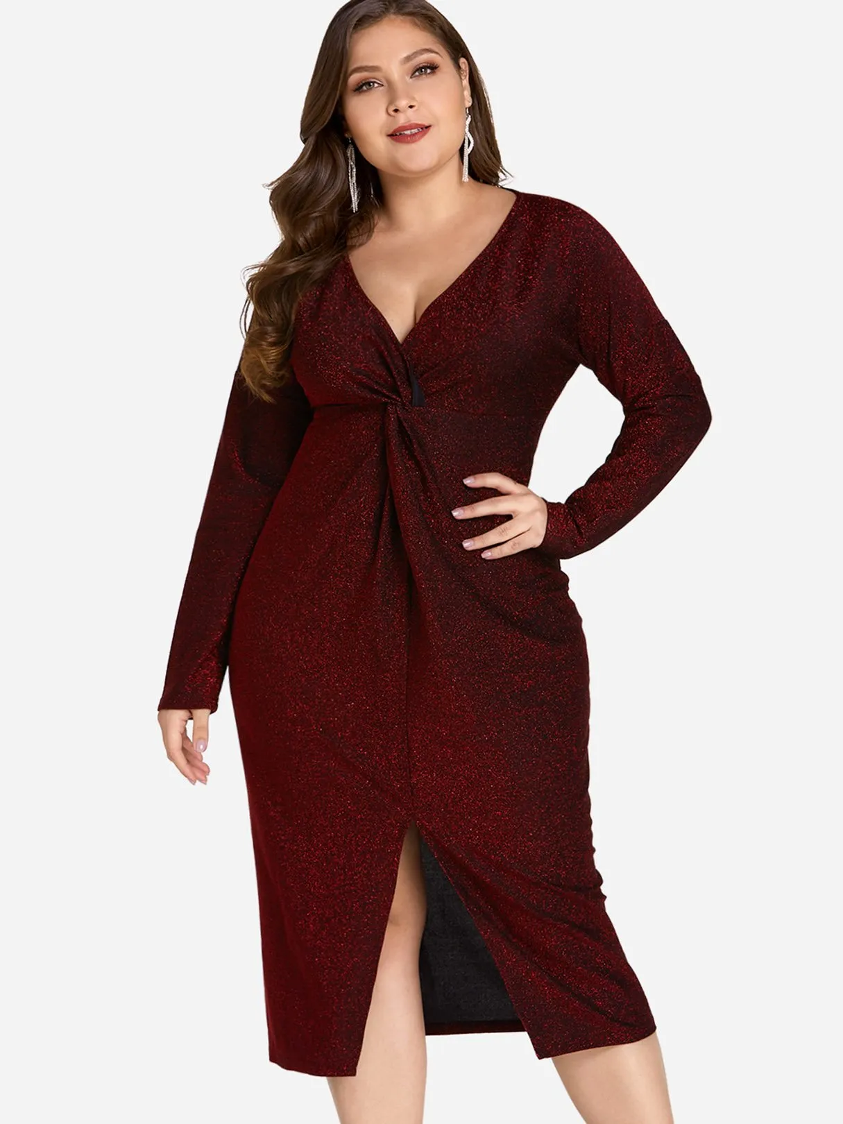 OEM ODM V-Neck Plain Twist Long Sleeve Slit Hem Red Plus Size Dress