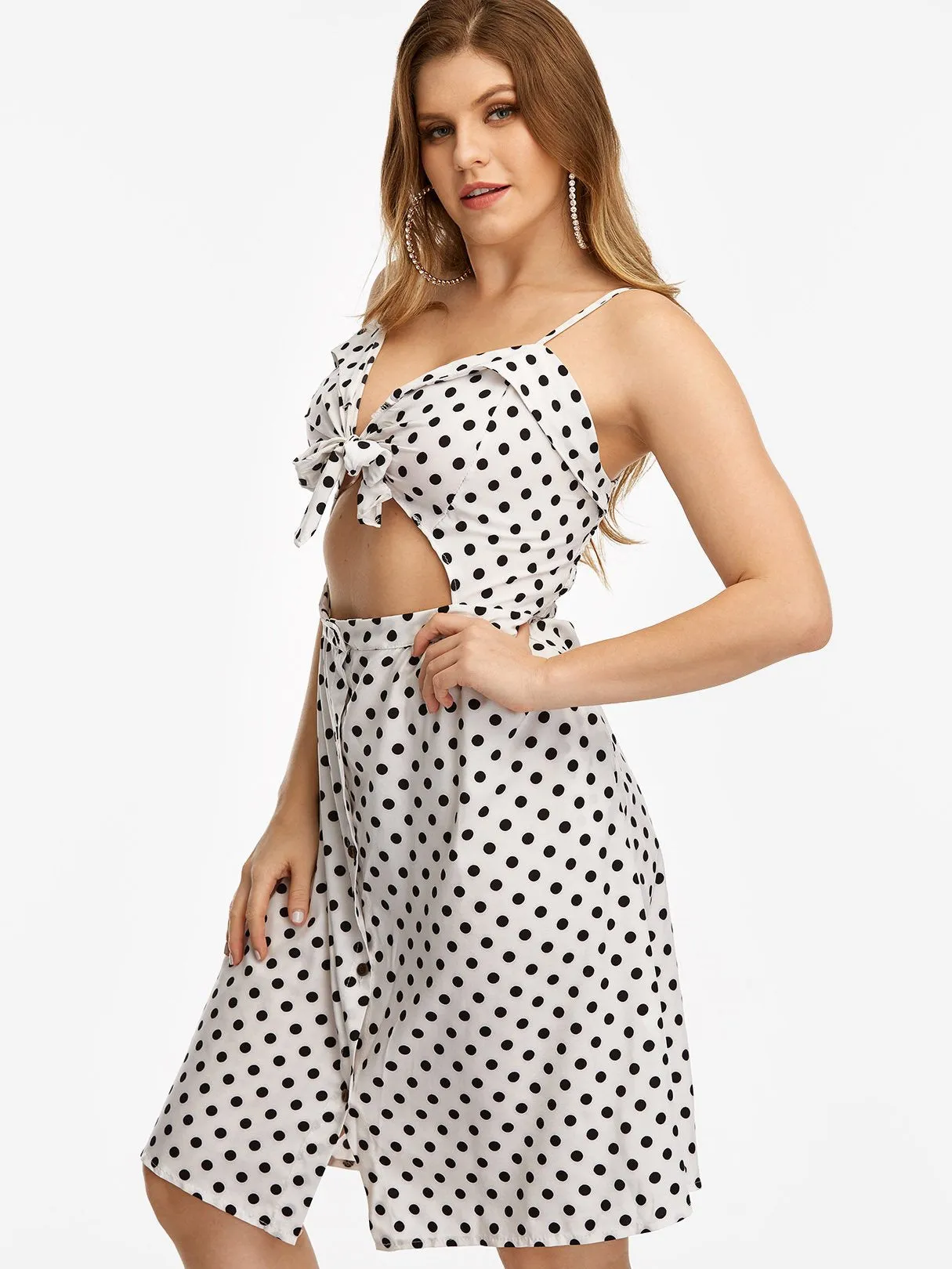 OEM ODM V-Neck Polka Dot Backless Cut Out Self-Tie Sleeveless Plus Size Dress