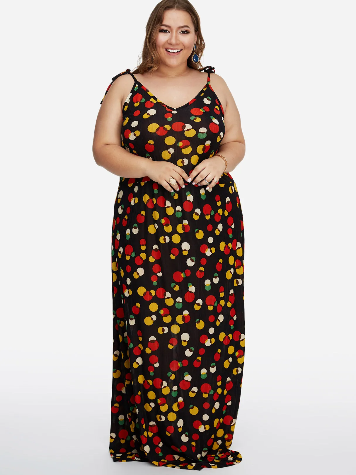 OEM ODM V-Neck Polka Dot Backless Self-Tie Sleeveless Black Plus Size Maxi Dress