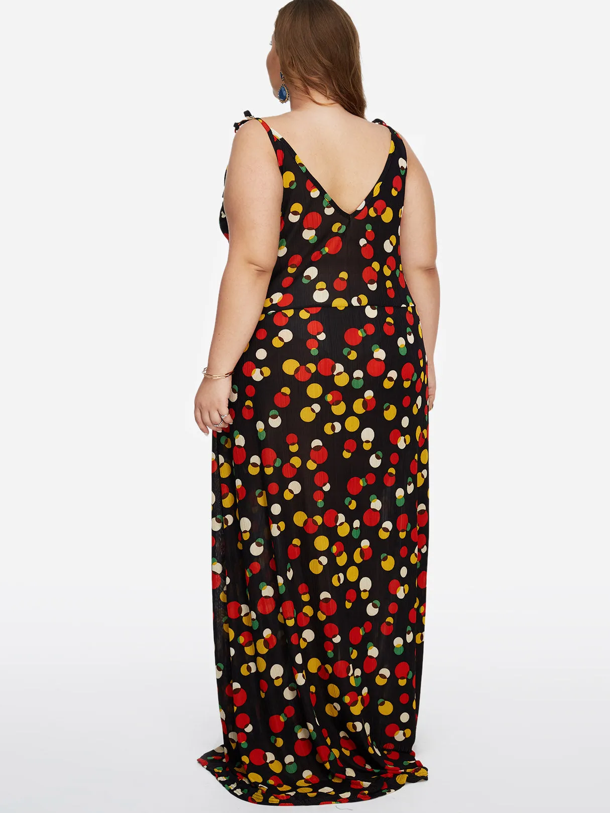 OEM ODM V-Neck Polka Dot Backless Self-Tie Sleeveless Black Plus Size Maxi Dress
