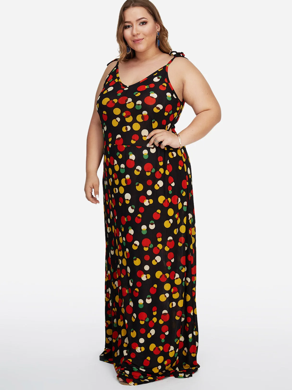 OEM ODM V-Neck Polka Dot Backless Self-Tie Sleeveless Black Plus Size Maxi Dress