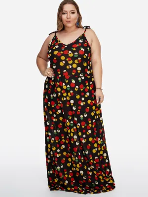 OEM ODM V-Neck Polka Dot Backless Self-Tie Sleeveless Black Plus Size Maxi Dress