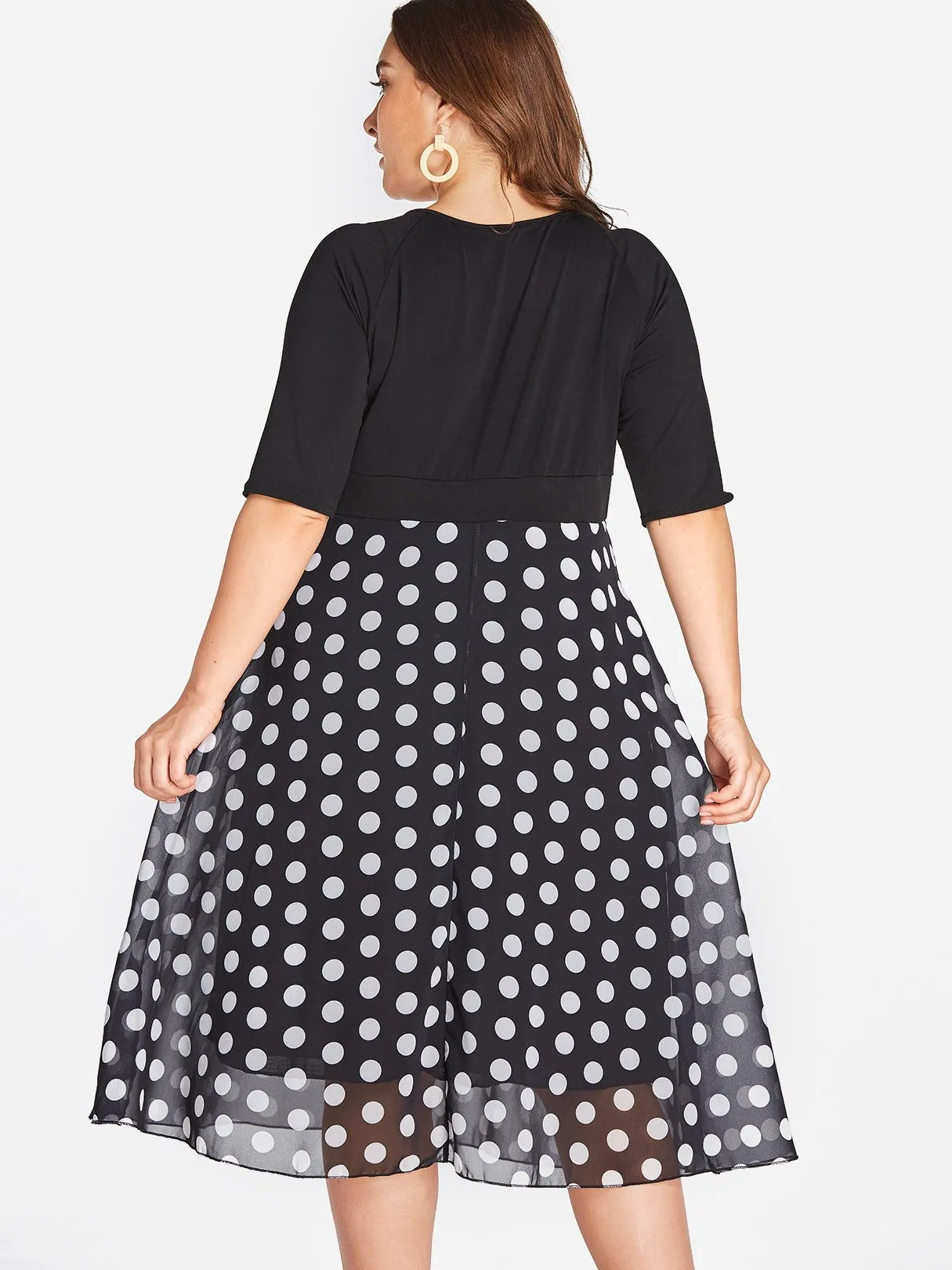OEM ODM V-Neck Polka Dot Wrap Half Sleeve Black Plus Size Dress