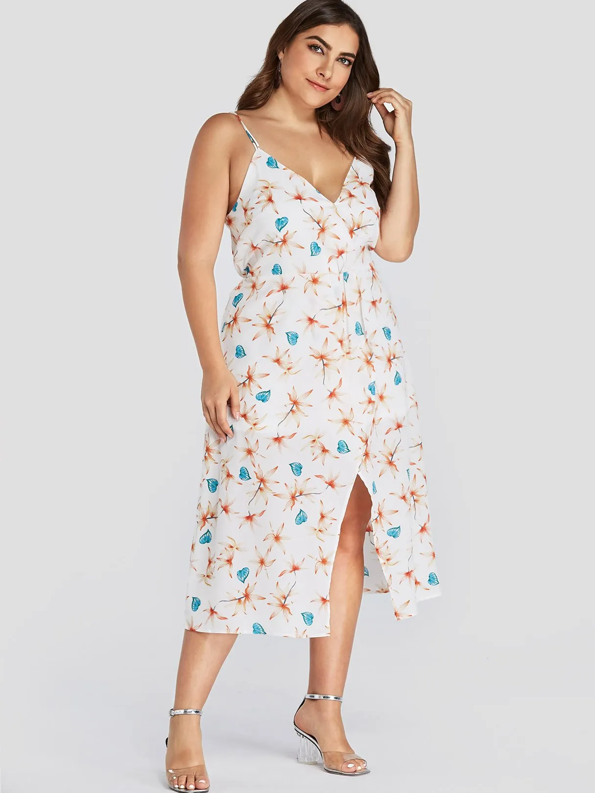 OEM ODM V-Neck Sleeveless Slit Hem White Plus Size Dress