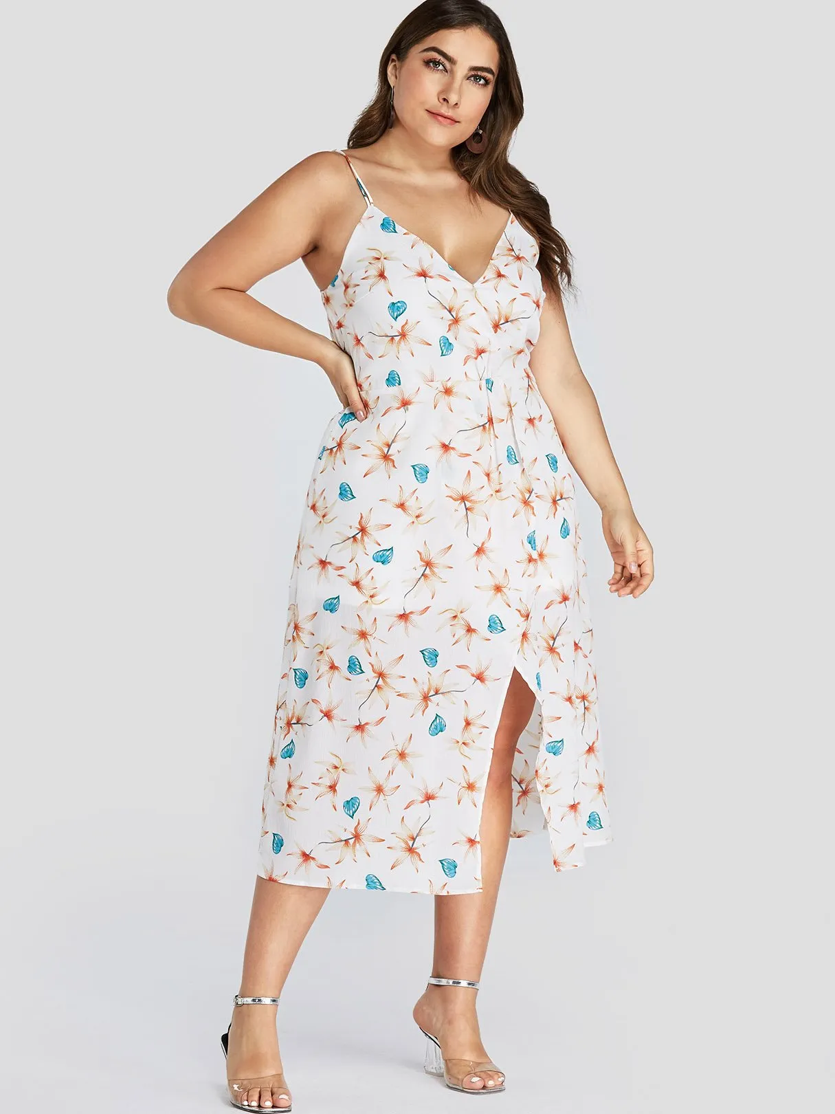 OEM ODM V-Neck Sleeveless Slit Hem White Plus Size Dress