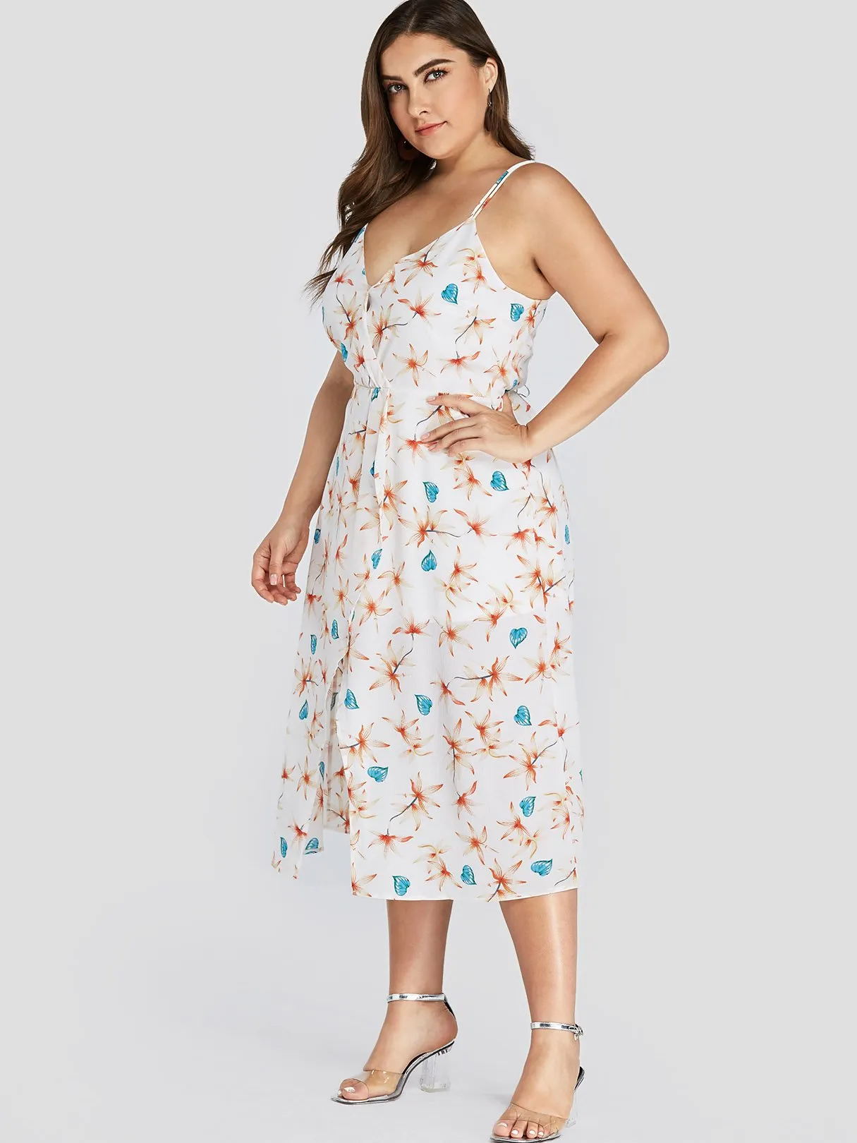 OEM ODM V-Neck Sleeveless Slit Hem White Plus Size Dress