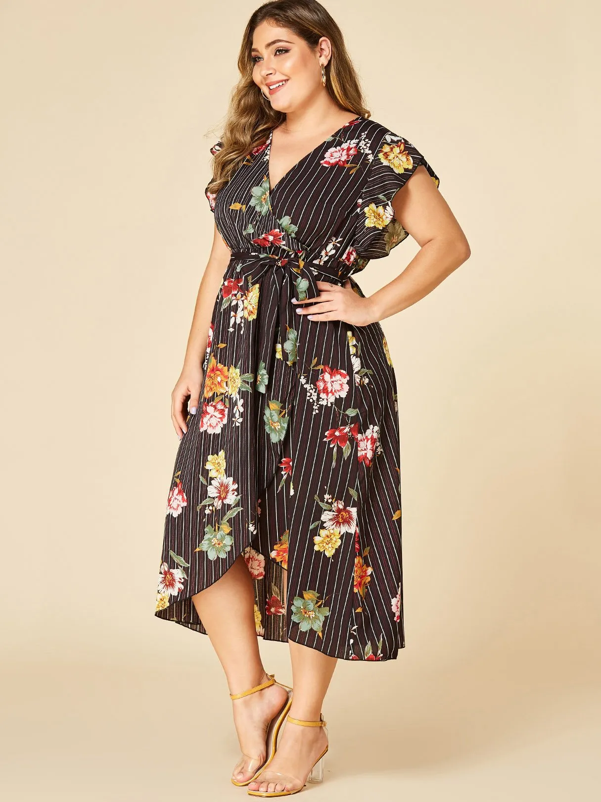 OEM ODM V-Neck Stripe Floral Print Self-Tie Wrap Short Sleeve Black Plus Size Dress