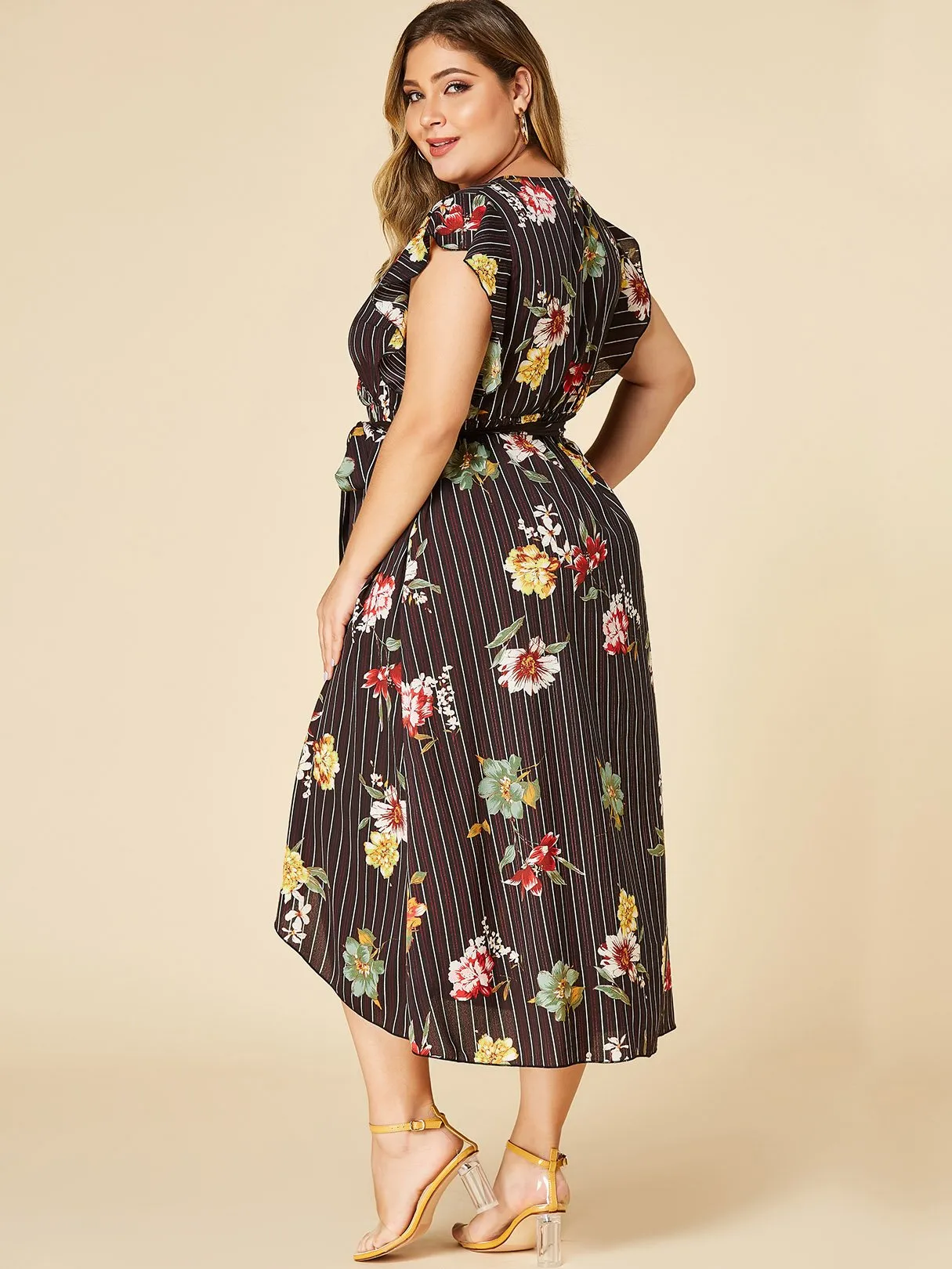 OEM ODM V-Neck Stripe Floral Print Self-Tie Wrap Short Sleeve Black Plus Size Dress