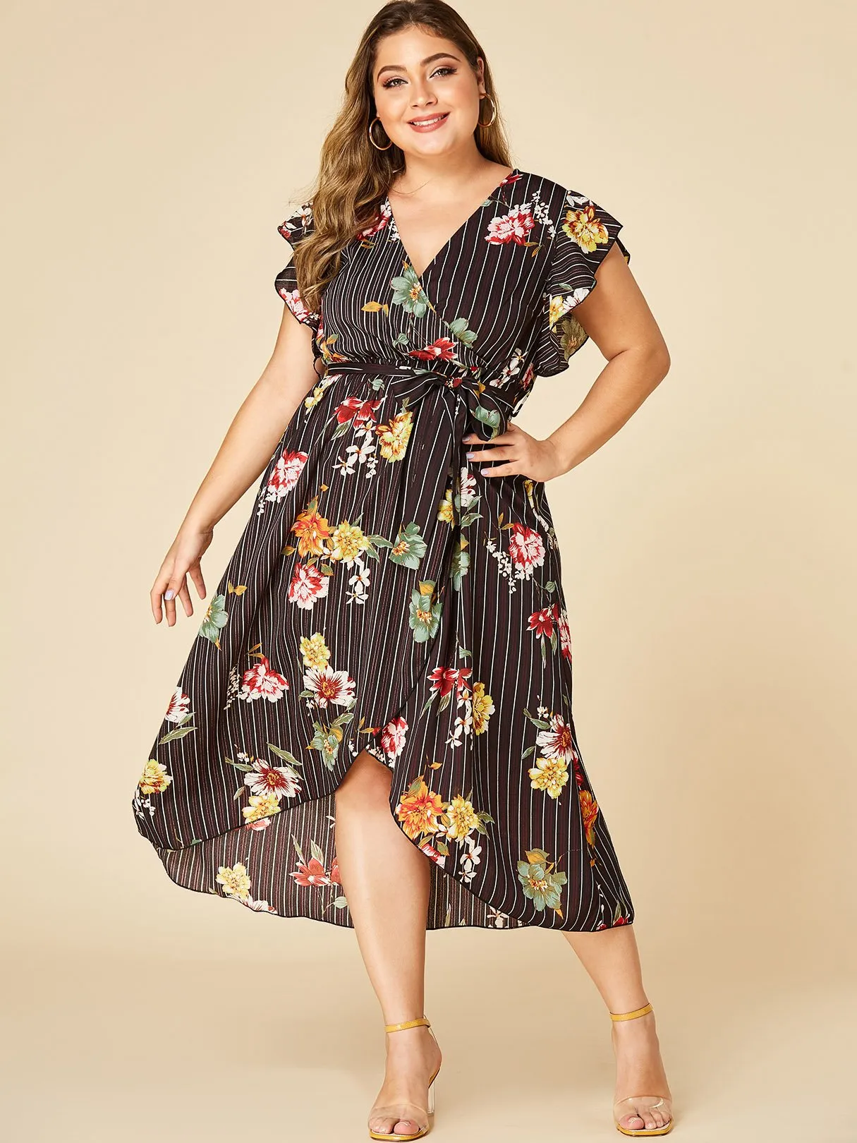OEM ODM V-Neck Stripe Floral Print Self-Tie Wrap Short Sleeve Black Plus Size Dress