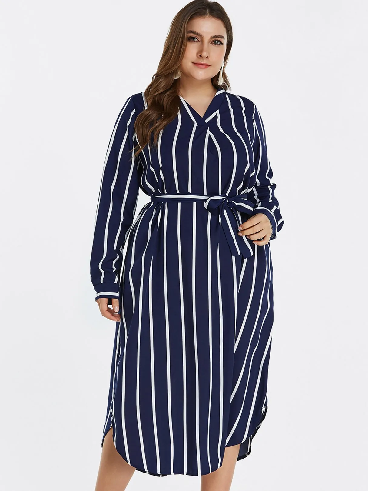 OEM ODM V-Neck Stripe Self-Tie Long Sleeve Curved Hem Navy Plus Size Dress
