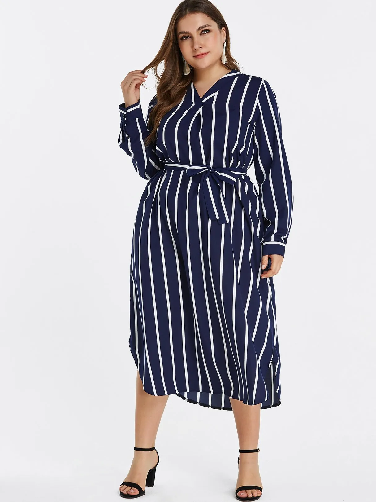 OEM ODM V-Neck Stripe Self-Tie Long Sleeve Curved Hem Navy Plus Size Dress