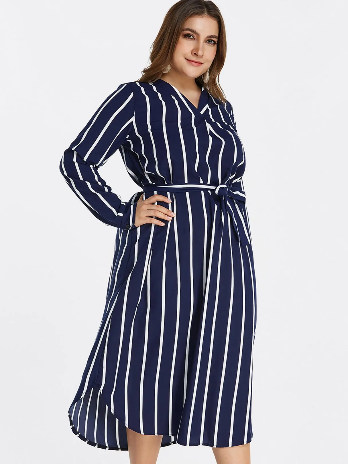 OEM ODM V-Neck Stripe Self-Tie Long Sleeve Curved Hem Navy Plus Size Dress