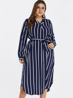 OEM ODM V-Neck Stripe Self-Tie Long Sleeve Curved Hem Navy Plus Size Dress
