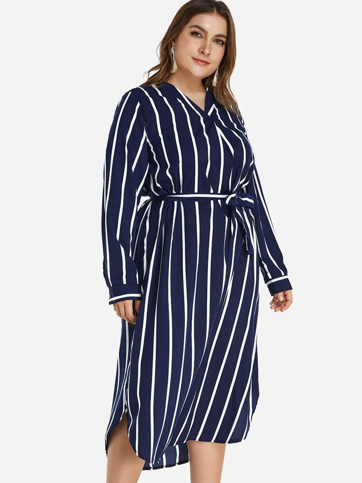 OEM ODM V-Neck Stripe Self-Tie Long Sleeve Curved Hem Navy Plus Size Dress