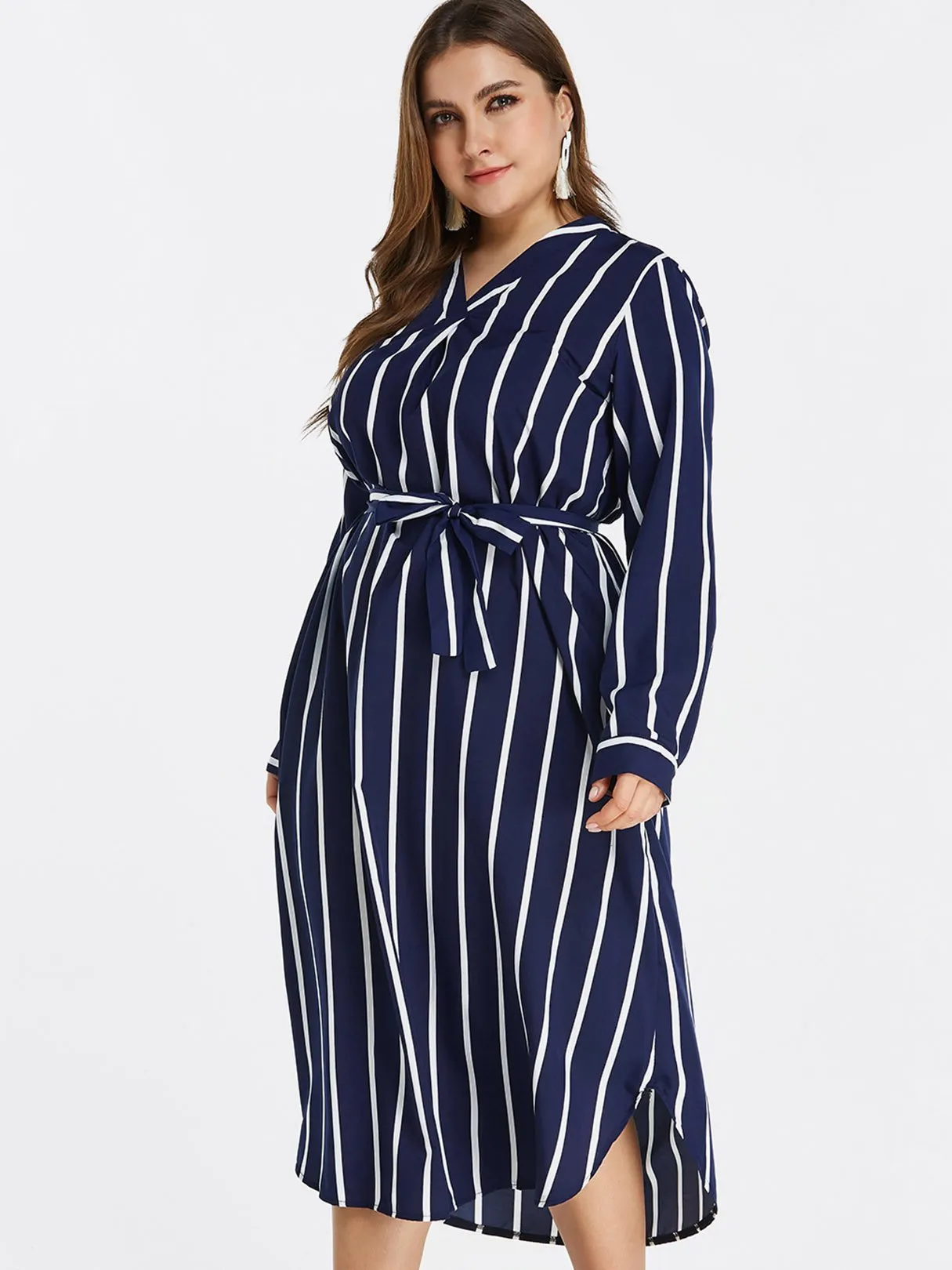 OEM ODM V-Neck Stripe Self-Tie Long Sleeve Curved Hem Navy Plus Size Dress