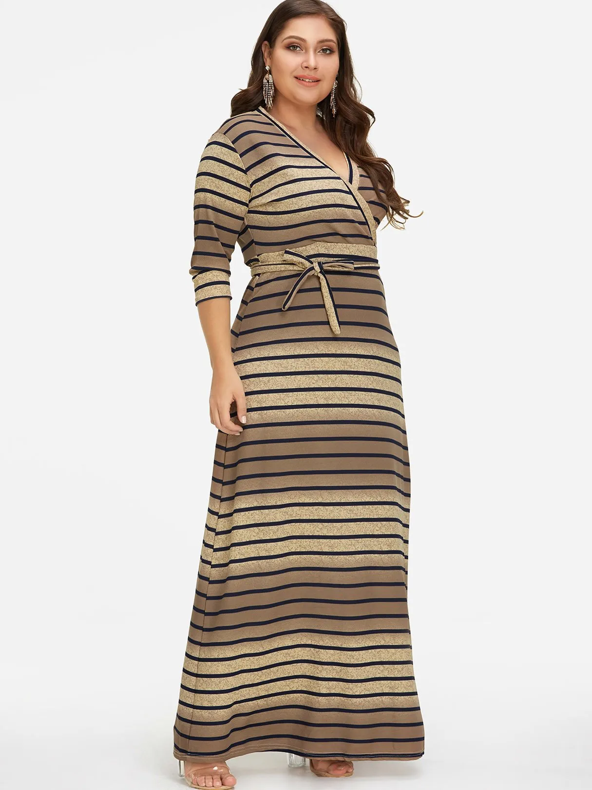 OEM ODM V-Neck Stripe Self-Tie Wrap Half Sleeve Plus Size Dress