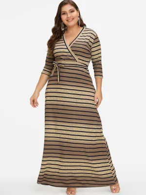 OEM ODM V-Neck Stripe Self-Tie Wrap Half Sleeve Plus Size Dress