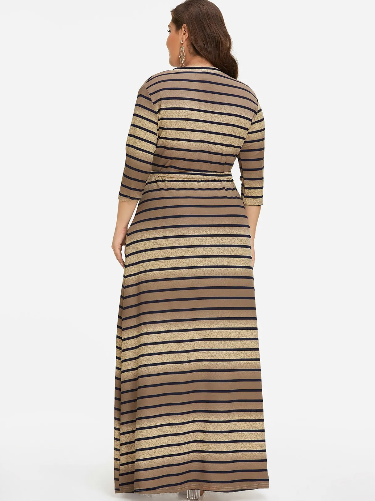 OEM ODM V-Neck Stripe Self-Tie Wrap Half Sleeve Plus Size Dress