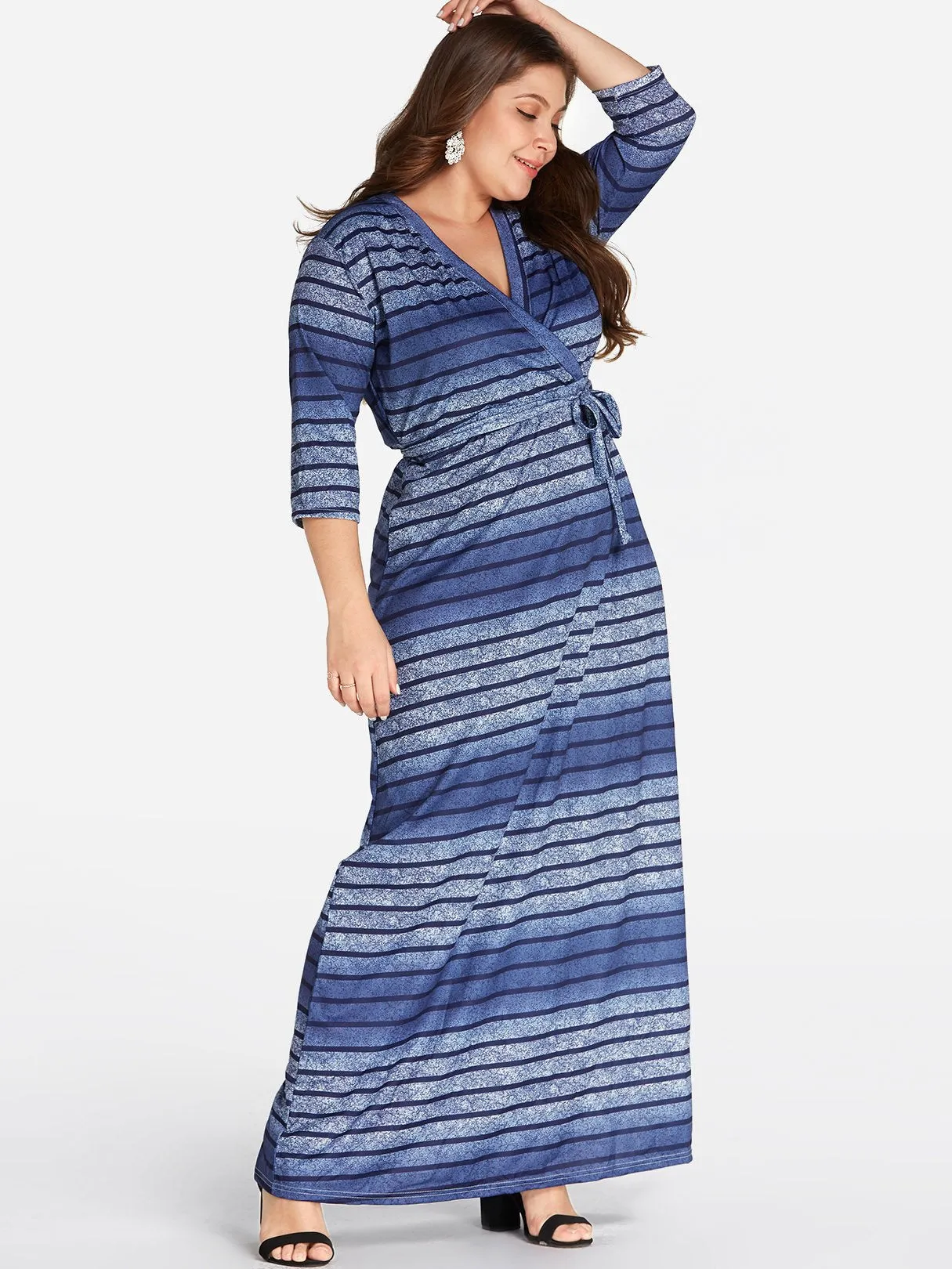 OEM ODM V-Neck Stripe Self-Tie Wrap Half Sleeve Plus Size Dress