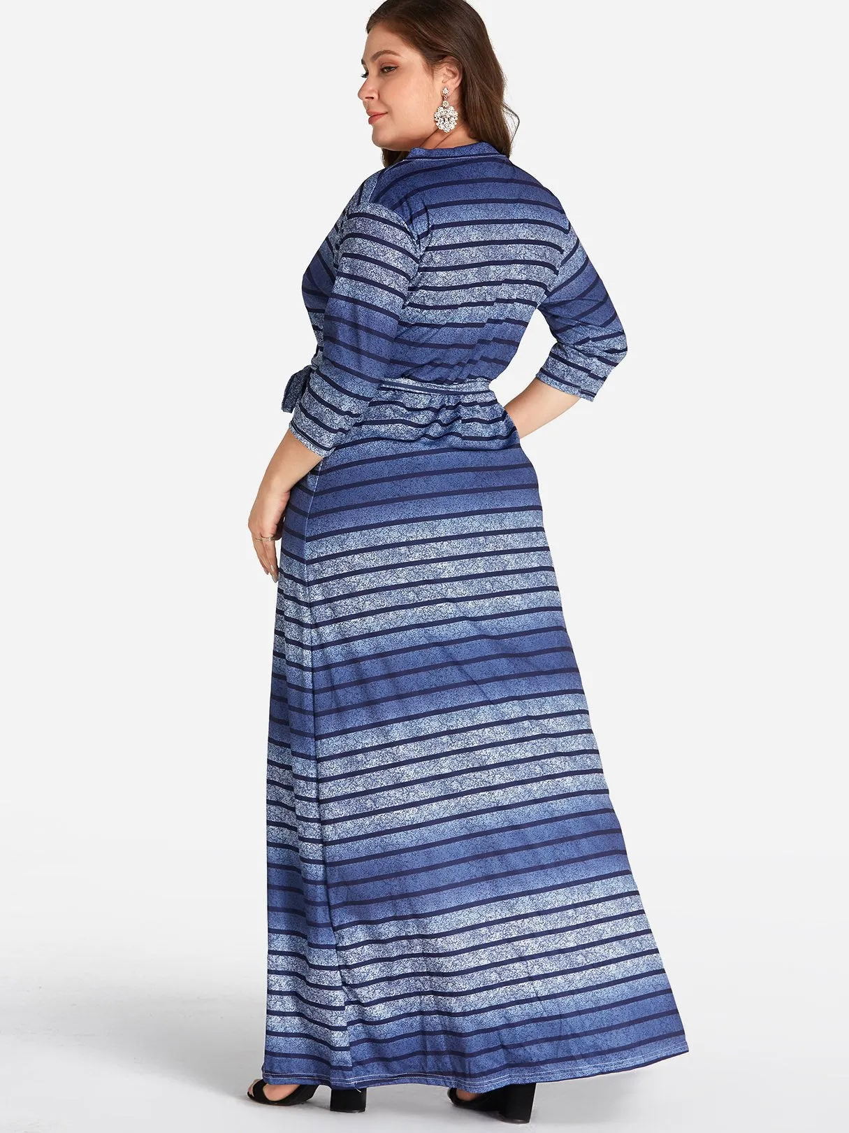 OEM ODM V-Neck Stripe Self-Tie Wrap Half Sleeve Plus Size Dress