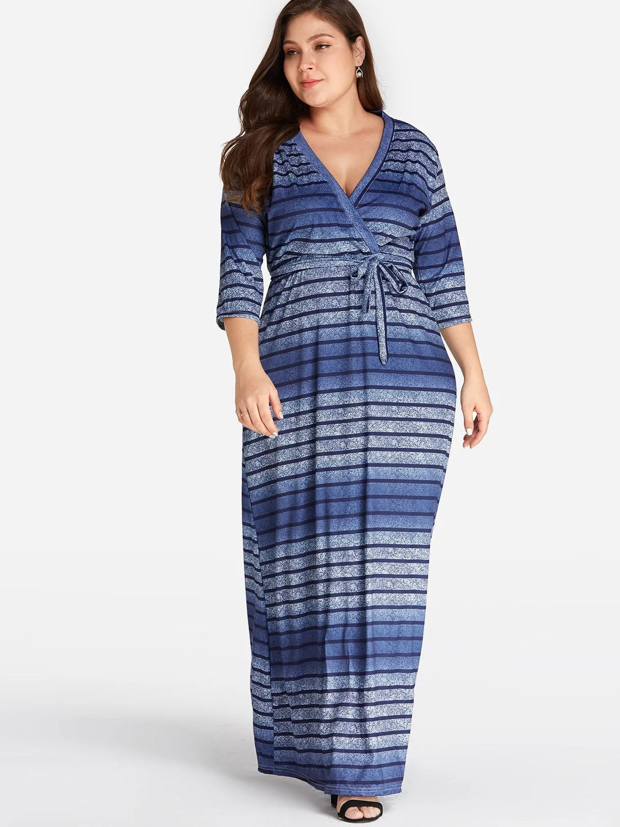 OEM ODM V-Neck Stripe Self-Tie Wrap Half Sleeve Plus Size Dress