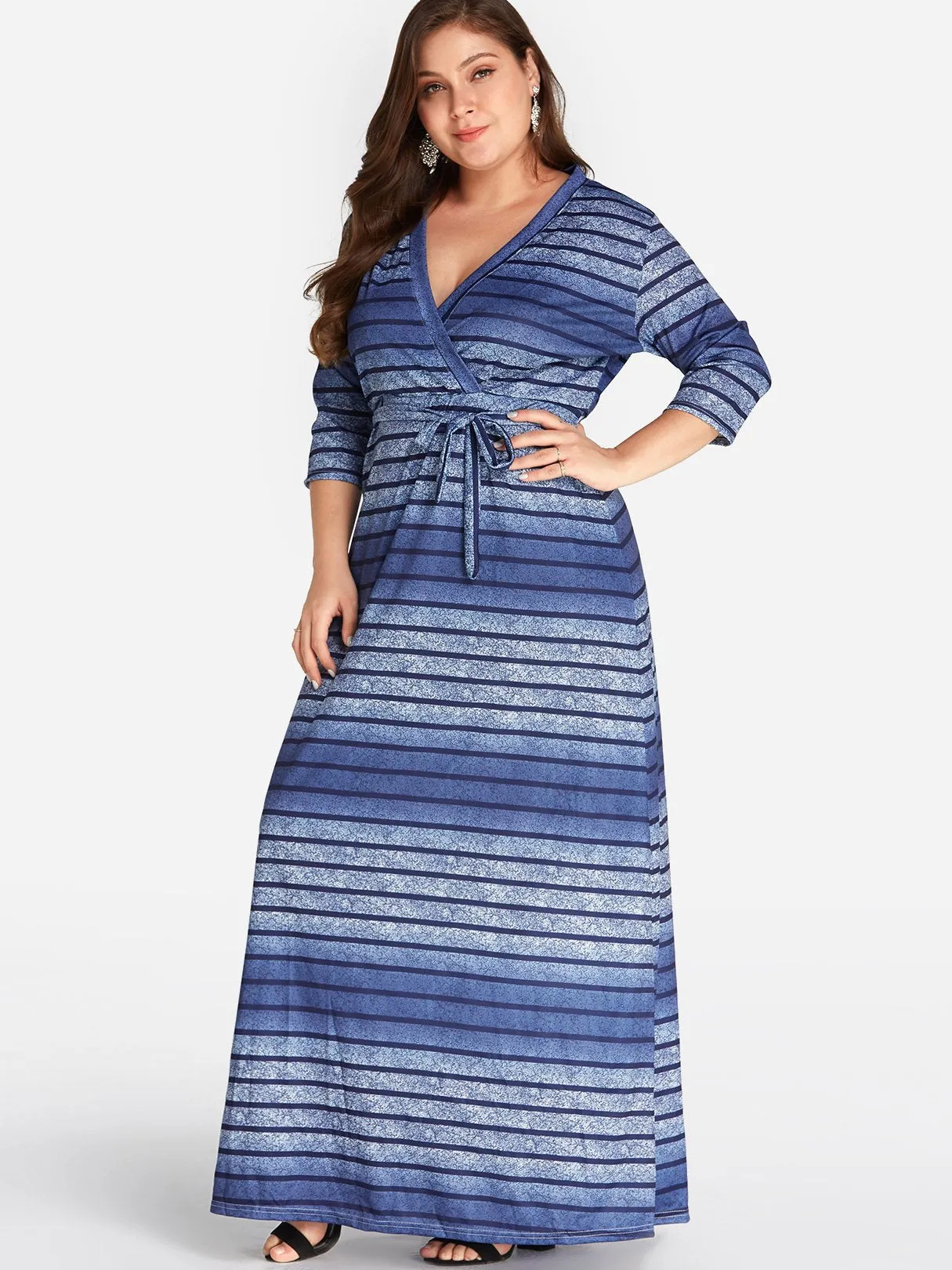 OEM ODM V-Neck Stripe Self-Tie Wrap Half Sleeve Plus Size Dress