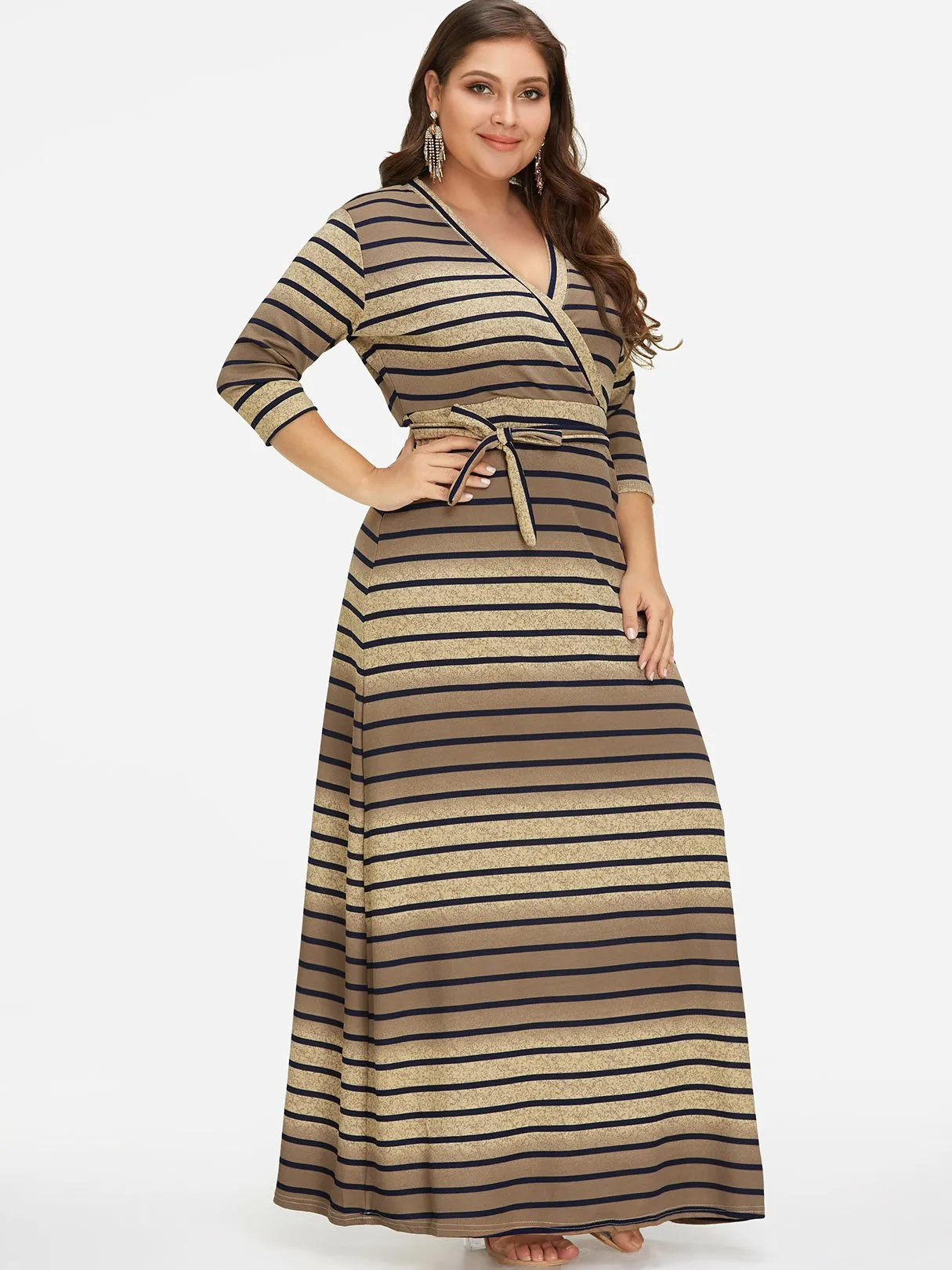OEM ODM V-Neck Stripe Self-Tie Wrap Half Sleeve Plus Size Dress