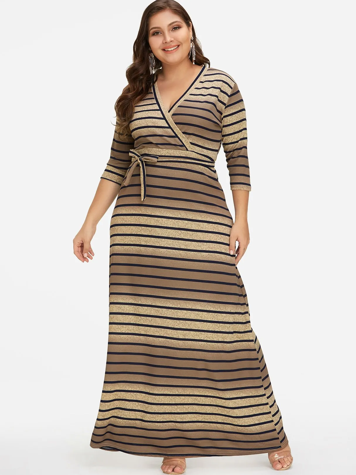 OEM ODM V-Neck Stripe Self-Tie Wrap Half Sleeve Plus Size Dress