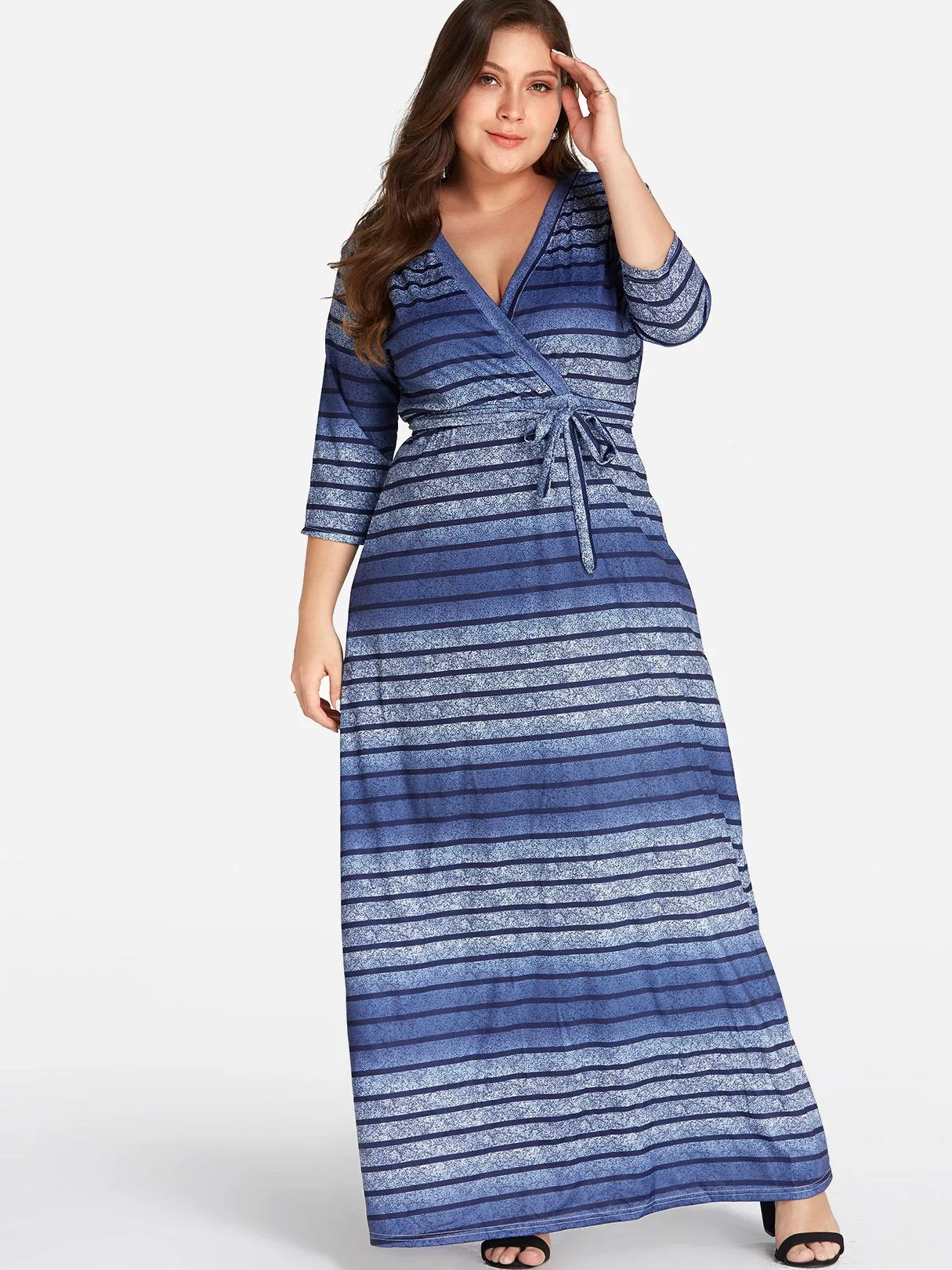 OEM ODM V-Neck Stripe Self-Tie Wrap Half Sleeve Plus Size Dress