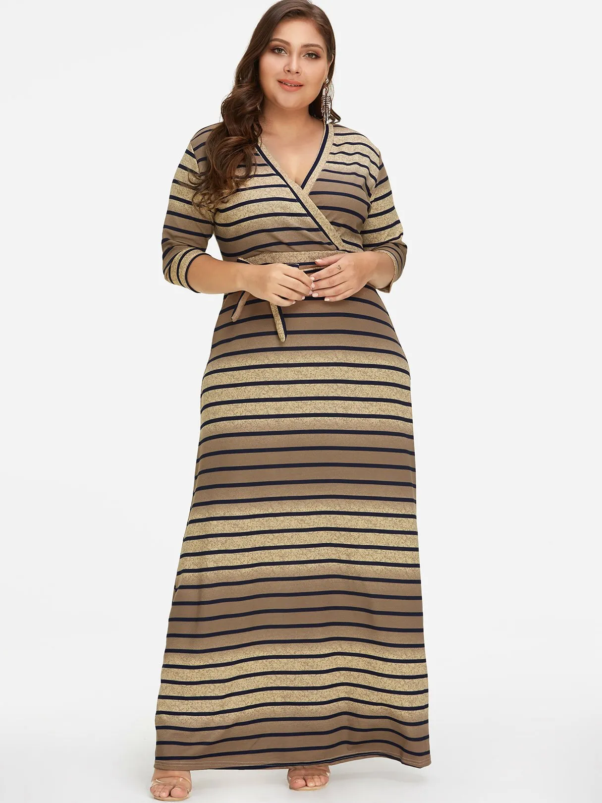 OEM ODM V-Neck Stripe Self-Tie Wrap Half Sleeve Plus Size Dress