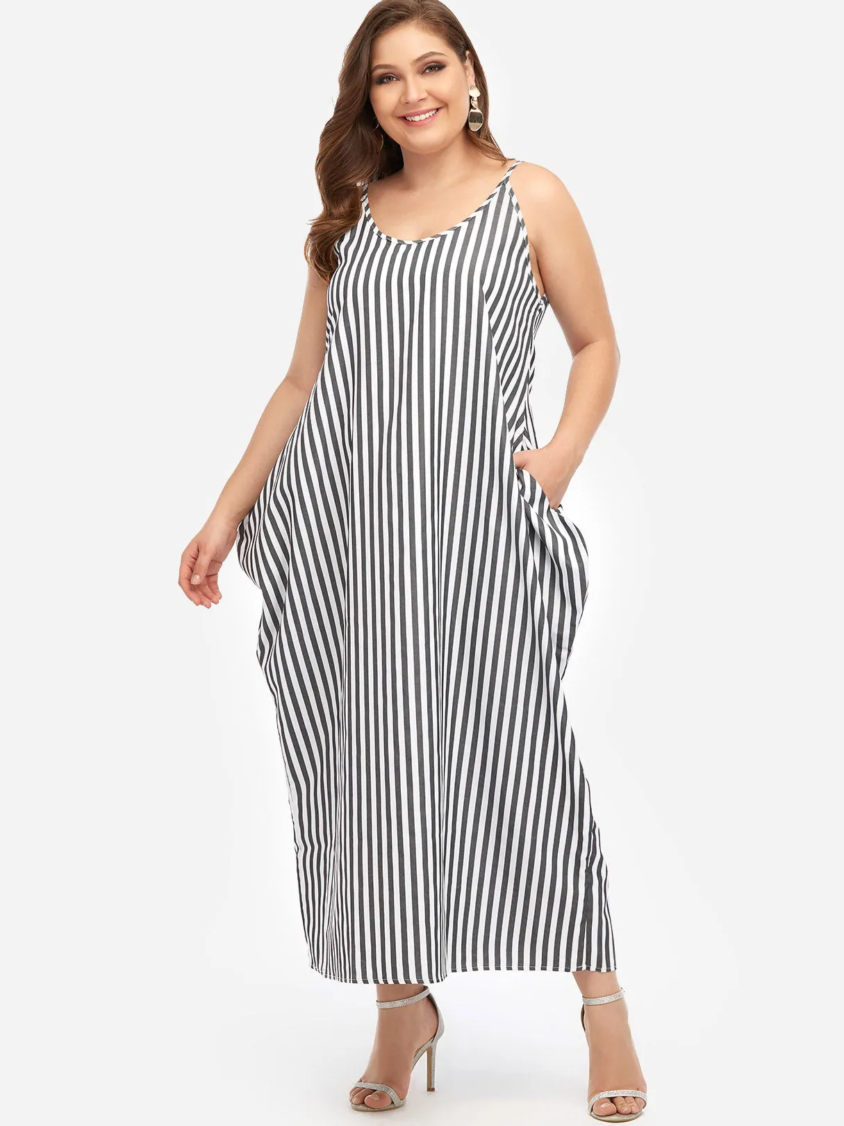 OEM ODM V-Neck Stripe Spaghetti Strap Sleeveless Plus Size Maxi Dresses